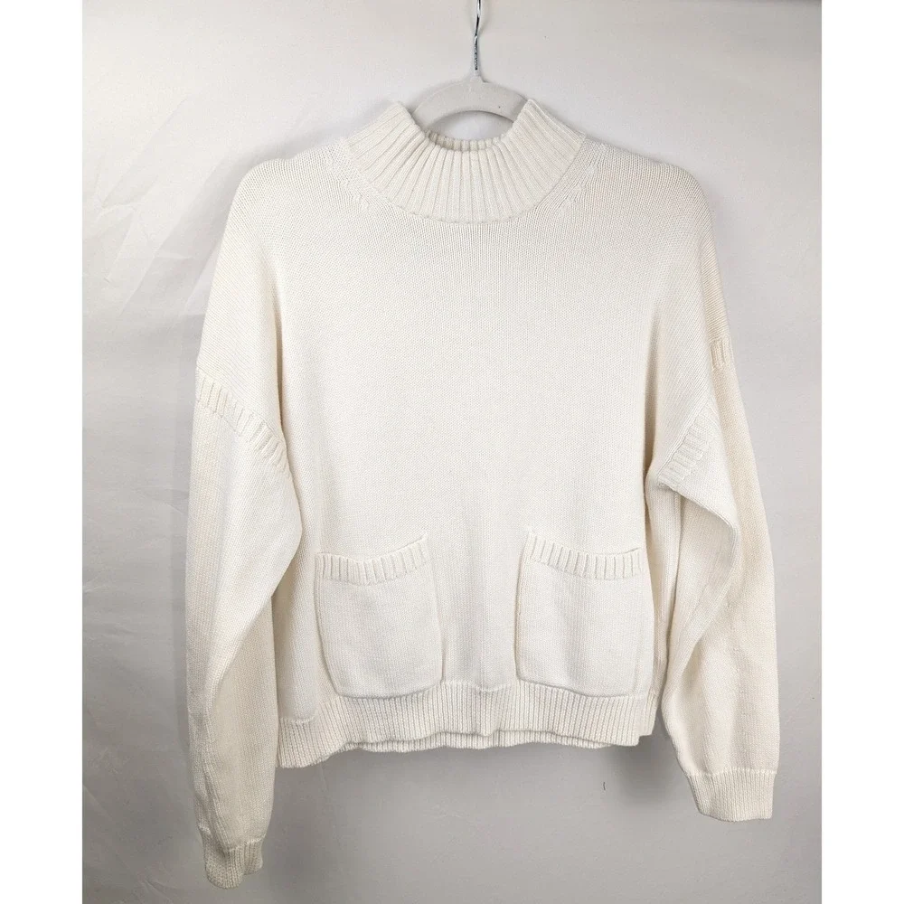 J Crew Womens Cashmere Mock Neck Pocket Sweater‎ Size M White Classic Fisherman